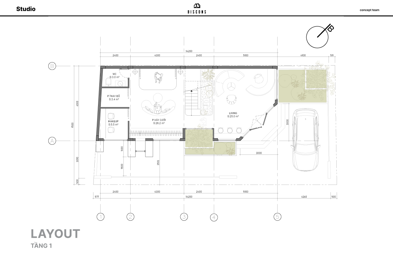 Layout Tầng 1 - Không gian shop, phòng váy cưới và khu vực lễ tân