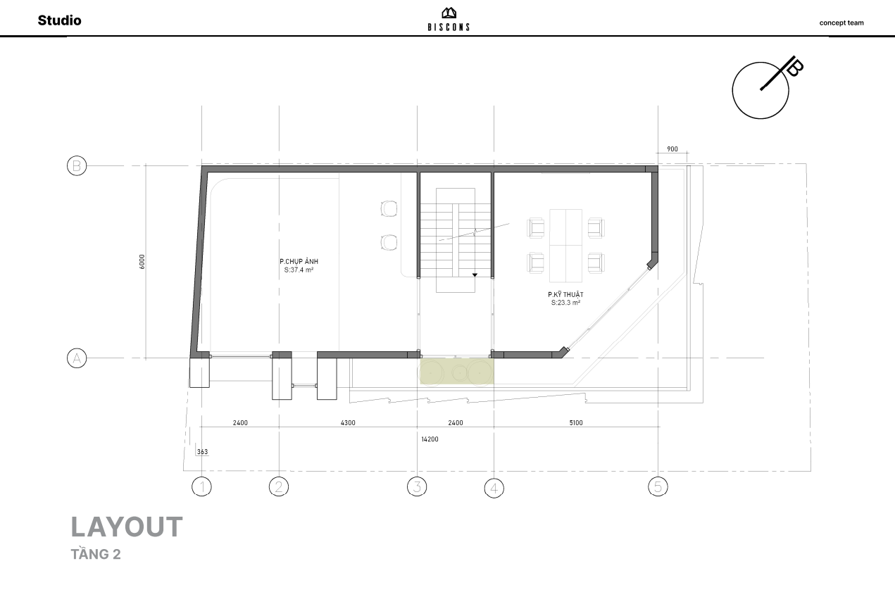 Layout Tầng 2 – Phòng chụp ảnh lớn và phòng kỹ thuật